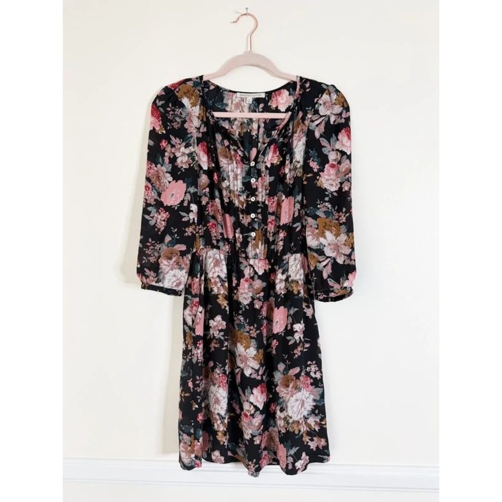 Daniel Rainn Women’s XS Floral Dress Black Pink 3/4 Sleeve Button Front Boho